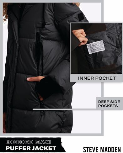 Steve Madden Women's Maxi Puffer Jacket - معطف شتوي طويل معزول للوزن الثقيل مع غطاء محرك السيارة وسحابات مانعة للتسرب (S -XL) in Saudi Arabia
