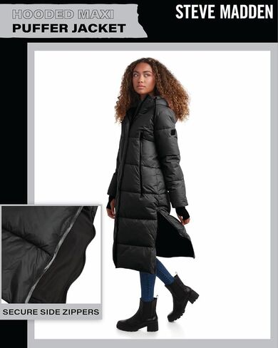 Steve Madden Women's Maxi Puffer Jacket - معطف شتوي طويل معزول للوزن الثقيل مع غطاء محرك السيارة وسحابات مانعة للتسرب (S -XL) in Saudi Arabia