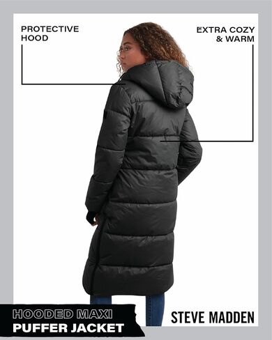 Steve Madden Women's Maxi Puffer Jacket - معطف شتوي طويل معزول للوزن الثقيل مع غطاء محرك السيارة وسحابات مانعة للتسرب (S -XL) in Saudi Arabia