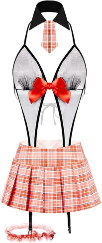 LINGERLOVE School Girl Lingerie for Women Sexy Cosplay Lingerie Set Roleplay Outfit Teddy Bodysuit Costumes Uniform Orange in Kuwait