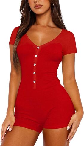 Dressmine Women's Short Sleeve Romper Summer V Neck One Piece Jumpsuit Sexy Pajamas Bodycon Bodysuit in Saudi Arabia