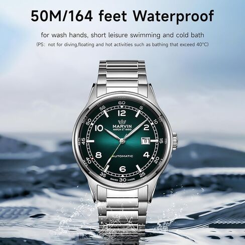 Marvin Automatic Watch Swiss Swiss Movement Watches Fudy Fudcury للرجال مع حزام من الفولاذ المقاوم للصدأ ، والاتصال الزجاجي الياقوت ، والأيدي المضيئة وعلامات الساعة ، و 50 متر مقاوم للماء in Saudi Arabia