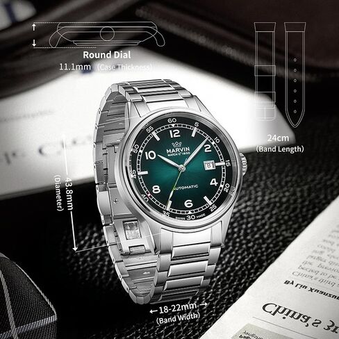 Marvin Automatic Watch Swiss Swiss Movement Watches Fudy Fudcury للرجال مع حزام من الفولاذ المقاوم للصدأ ، والاتصال الزجاجي الياقوت ، والأيدي المضيئة وعلامات الساعة ، و 50 متر مقاوم للماء in Saudi Arabia