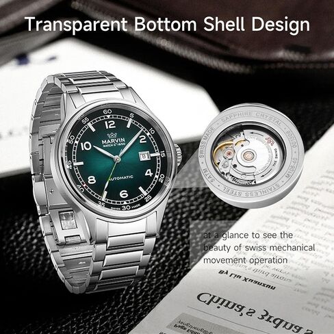 Marvin Automatic Watch Swiss Swiss Movement Watches Fudy Fudcury للرجال مع حزام من الفولاذ المقاوم للصدأ ، والاتصال الزجاجي الياقوت ، والأيدي المضيئة وعلامات الساعة ، و 50 متر مقاوم للماء in Saudi Arabia