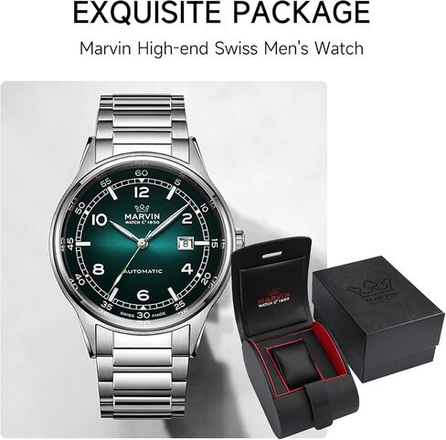 Marvin Automatic Watch Swiss Swiss Movement Watches Fudy Fudcury للرجال مع حزام من الفولاذ المقاوم للصدأ ، والاتصال الزجاجي الياقوت ، والأيدي المضيئة وعلامات الساعة ، و 50 متر مقاوم للماء in Saudi Arabia
