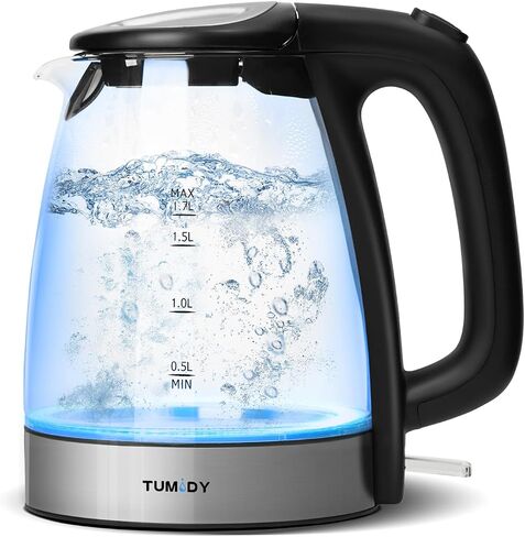 Glass Electric Kettle, TUMIDY 1.7L 1500W Fast Boiling Hot Water Boiler Auto-Shutoff and Boil-Dry Protection, LED Lights, Comfy Touch Handle Wide Opening Cordless Tea Heater making Tea Coffee, Black in Saudi Arabia