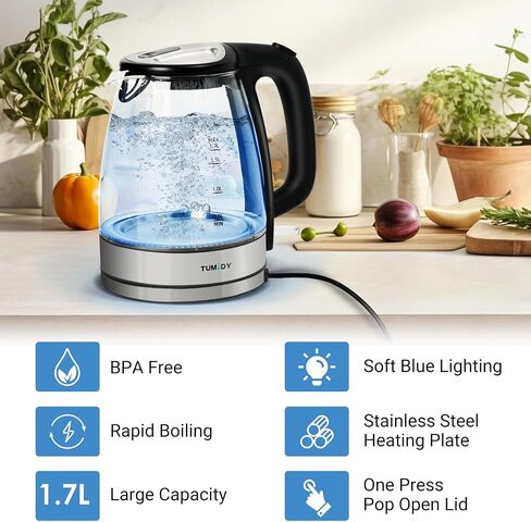 Glass Electric Kettle, TUMIDY 1.7L 1500W Fast Boiling Hot Water Boiler Auto-Shutoff and Boil-Dry Protection, LED Lights, Comfy Touch Handle Wide Opening Cordless Tea Heater making Tea Coffee, Black in Saudi Arabia