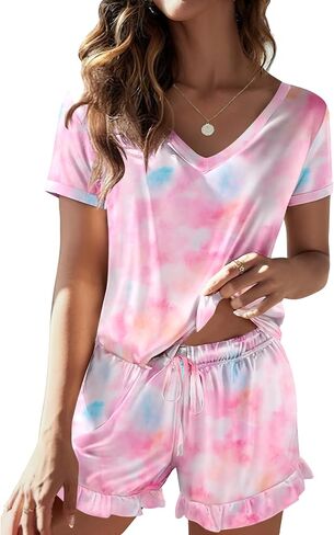 Ekouaer Satin Pajamas for Women Short Sleeve Silk Sleepwear 2 Piece Pjs Set with Ruffled Shorts Casual Loungewear in Saudi Arabia