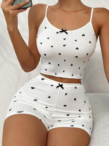 Hilinker Womens Graphic 2 قطعة Pajama مجموعة الصيف كامي المحصول لطيف وسروال شورت مضلع مجموعات الصالة in Kuwait