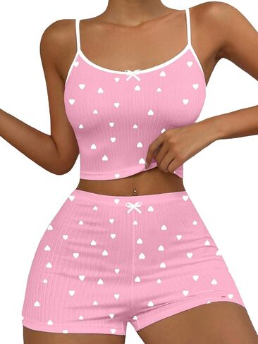 Hilinker Womens Graphic 2 قطعة Pajama مجموعة الصيف كامي المحصول لطيف وسروال شورت مضلع مجموعات الصالة in Kuwait
