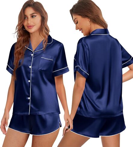 Ekouaer Womens Silk Satin Pajamas Set Short Sleeve Sleepwear Button Down Top and Shorts Loungewear 2 Piece Pjs Set S-XXL in Saudi Arabia