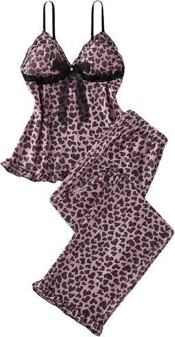 نساء 2 قطعة مثيرة الشبكة شباك pajama مجموعة الفهد طباعة الكشكش تقليم كامي أعلى والسراويل Sleepwear cheetah طباعة pjs in Kuwait