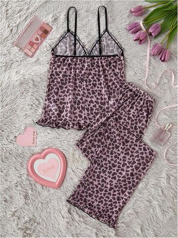نساء 2 قطعة مثيرة الشبكة شباك pajama مجموعة الفهد طباعة الكشكش تقليم كامي أعلى والسراويل Sleepwear cheetah طباعة pjs in Kuwait