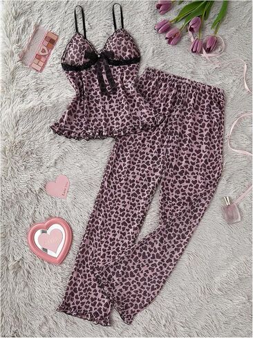 نساء 2 قطعة مثيرة الشبكة شباك pajama مجموعة الفهد طباعة الكشكش تقليم كامي أعلى والسراويل Sleepwear cheetah طباعة pjs in Kuwait