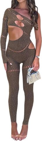 Women sexy mesh rhinestone jumpsuit long sleeve see-through high stretch bodysuit bodystockings club outfit in Saudi Arabia