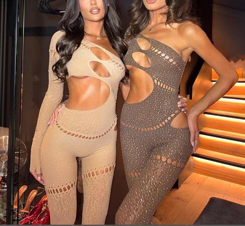 Women sexy mesh rhinestone jumpsuit long sleeve see-through high stretch bodysuit bodystockings club outfit in Saudi Arabia