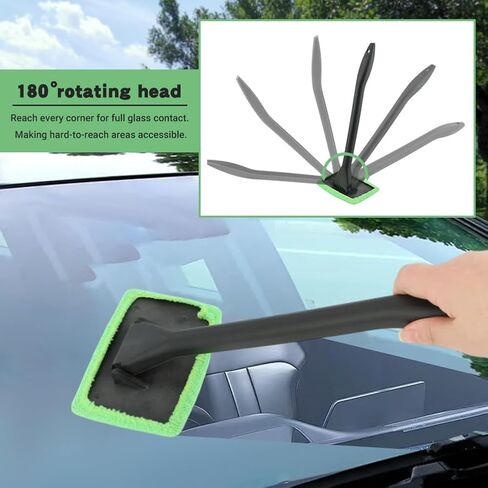 Car Windshield Cleaning Tool, Windshield Cleaner with 5 Reusable Microfiber Pads and Extendable Handle, Auto Glass Wiper Kit for Interior/Exterior Dirty Car Windows(Color:Green) in Saudi Arabia