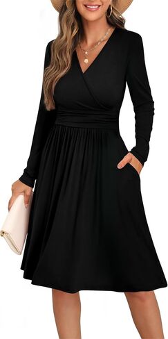 GRECERELLE Spring Fall Dress for Women Casual Ruffle Long Sleeve Wrap V-Neck Dress in Saudi Arabia