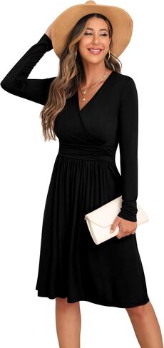 GRECERELLE Spring Fall Dress for Women Casual Ruffle Long Sleeve Wrap V-Neck Dress in Saudi Arabia