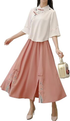 بدلة تانغ الصينية تانغ للسيدات التقليدية Qipao Cheongsam المطرزة ثبنتات ماندرين أعلى شاي فستان تنورة in Saudi Arabia