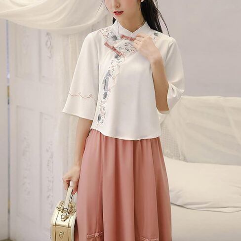 بدلة تانغ الصينية تانغ للسيدات التقليدية Qipao Cheongsam المطرزة ثبنتات ماندرين أعلى شاي فستان تنورة in Saudi Arabia