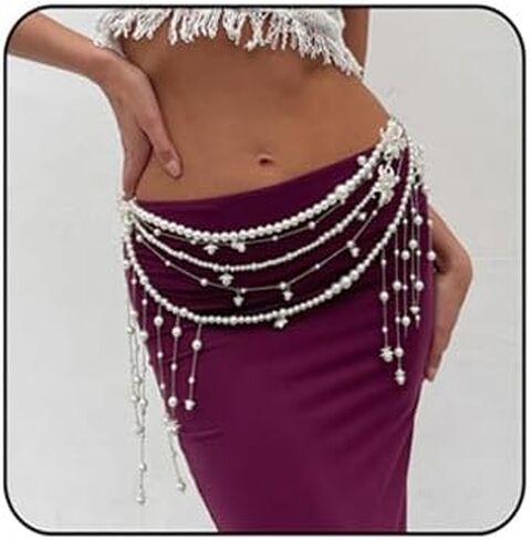 Pearl Waist Chain for Women Layered Belly Body Chains Flower Pearl Tassels Body Chains Bikini Belly Sexy Body Jewelry Bohemian Charm Waist Chain for Wedding Party Body Accessories in Saudi Arabia