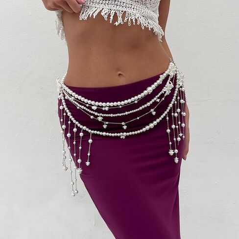 Pearl Waist Chain for Women Layered Belly Body Chains Flower Pearl Tassels Body Chains Bikini Belly Sexy Body Jewelry Bohemian Charm Waist Chain for Wedding Party Body Accessories in Saudi Arabia