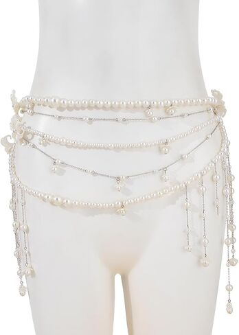 Pearl Waist Chain for Women Layered Belly Body Chains Flower Pearl Tassels Body Chains Bikini Belly Sexy Body Jewelry Bohemian Charm Waist Chain for Wedding Party Body Accessories in Saudi Arabia