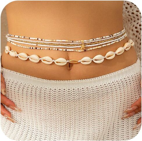 Layered Colorful Waist Beads for Women Natural Seashell Starfish Waist Chain Stretchy Shell Seastar Belly Body Chain Summer Beach Bikini Belly Jewelry Accessories in Kuwait