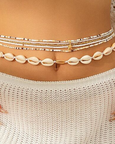 Layered Colorful Waist Beads for Women Natural Seashell Starfish Waist Chain Stretchy Shell Seastar Belly Body Chain Summer Beach Bikini Belly Jewelry Accessories in Kuwait