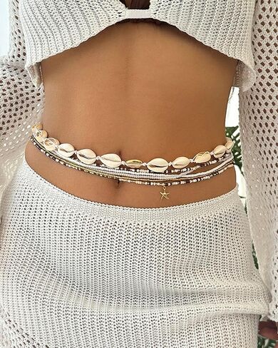 Layered Colorful Waist Beads for Women Natural Seashell Starfish Waist Chain Stretchy Shell Seastar Belly Body Chain Summer Beach Bikini Belly Jewelry Accessories in Kuwait