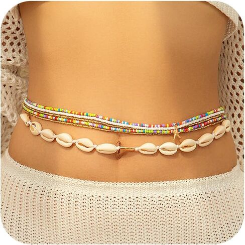 Layered Colorful Waist Beads for Women Natural Seashell Starfish Waist Chain Stretchy Shell Seastar Belly Body Chain Summer Beach Bikini Belly Jewelry Accessories in Kuwait