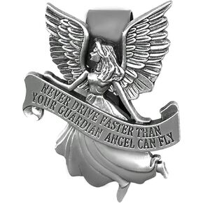 Car Guardian Angel Visor Clip, St. Christopher Metal Medal Bless Driving Safety, Never Drive Faster Than Your Angel Car Visor Clip, Religious Present for New Driver, Family, Friend (1PC)