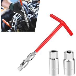 3 PCS Car Spark Plug Socket Wrench Set – 5/8" / 16mm & 13/16" / 21mm T-shaped Anti-slip Handle Hexagonal Carbon Steel Universal Joint Tire Socket, Fits for Cars SUVs (Red & Silver)
