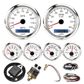 6 Gauge Marine Instrument Set 7 Color White Dial 3-3/8" 85mm GPS Speedometer 120 MPH ODOMETER Tachometer 8000 RPM 2-1/16" 52mm Fuel Gauge 240-33 ohm Oil Pressure Water Temp Volt 12V 24V Truck
