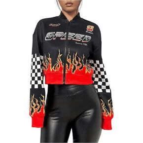 Floerns Women's Letter Racing Motorcycle Coat Drop Shoulder Bomber Jacket Outerwear