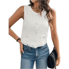 GORGLITTER Women's Tweed Blazer Vest Sleeveless Fringe Pearl Button Vest Jacket Business Casual Work Vest Tops 2025
