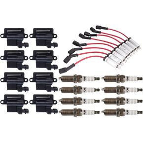 TRQ Ignition Kit Ignition Coil Set Spark Plugs Wire Set Compatible with 02-06 Cadillac 99-07 Chevrolet GMC 03-07 Hummer