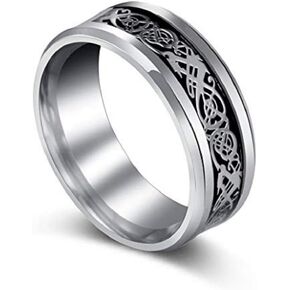 LZZ Silver Dragon Beveled Edge Celtic Dragon Titanium Stefless Steel Fether Ring Leats Size 7-12 (US Code 10)