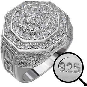 HarlemBling Solid 925 Sterling Silver Men's Ring Iced Flooded Out Ring - Icy Hip Hop Octagonal Cluster Men's Ring - Large 18mm