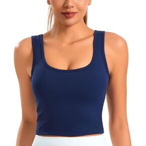 Smooth Womens Workout Tank Tops U Neck Longline Sports Bra Padded Yoga Crop Tank Top with Built in Bra
