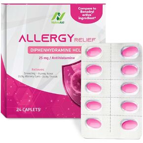 Antihistamine Allergy Relief Diphenhydramine HCL 25mg - 24 Caplets - Allergy Medicine for Adults and Children - Decongestant for Nasal Allergies, Runny Nose, Watery Eyes, Itchy Throat