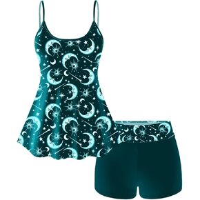 Rosegal Plus Size Women Gothic Tummy Control Modest Tankini Swimsuit Sun Moon Boyleg Padded Tankini Swimwear