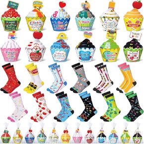 24 Pairs Teacher Cupcake Socks Funny Teacher Appreciation Week Gifts Novelty Casual Crew Cupcake Socks Bulk with Gift Bags for Graduation Retirement Back to School Christmas