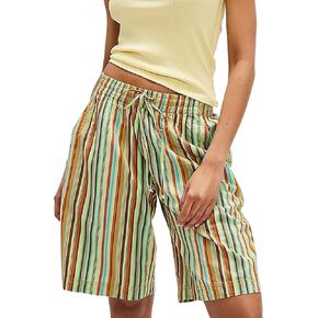Striped Bermuda Shorts for Women Knee-Length Elastic Waist Drawstring Baggy Casual Wide Leg Shorts with Pockets