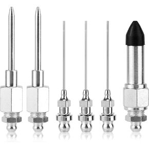 6pcs Grease Gun Accessory Set, Including 3 Grease Needle Nozzle + 2 Narrow Needle Dispenser + 1 Rubber Nipple Adapter Injector Needles Tip Fitting Tool for Small and Confined Spaces