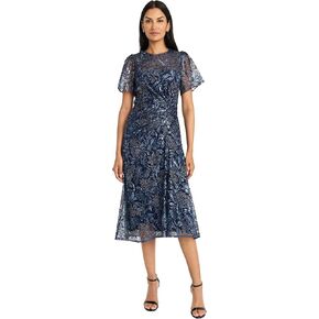 Maggy London Women's Elegant Short Sleeve Midi Textured Semi-Sheer Fabric-Sophisticated Cocktail Dress