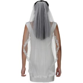SAMKY Elegant White Bridal Wedding Veil with Embellished Lace Edge - Fingertip Length 36"