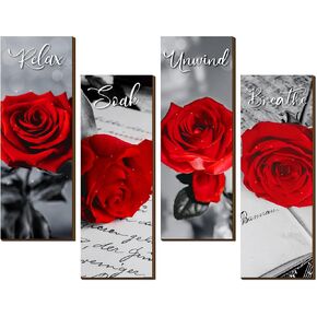 Set of 4 Red Rose Bathroom Wall Decors Flower Restroom Decor Relax Soak Unwind Breathe Wall Art Farmhouse Bathroom Decor Sign Rustic Wooden Plaque for Home Decoration, 11 x 4 Inches (Rectangle)