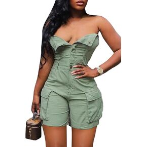 DINGANG Womens Sexy Denim Romper Strapless Tube Top Cargo Short Jean Jumpsuit Clubwear with Pockets